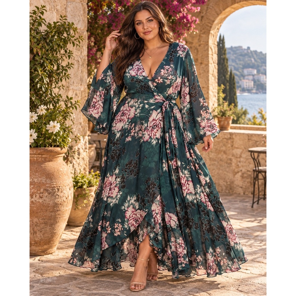 City Chic Teal Floral Maxi Dress Bell Sleeve Wrap Gown Green Pink Size M 18